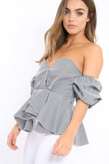 Gingham Sweet Heart Bardot Top with Ruched Sleeves - Kadisha