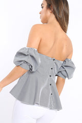 Gingham Sweet Heart Bardot Top with Ruched Sleeves - Kadisha
