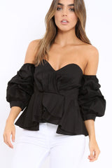 Black Sweet Heart Bardot Top with Ruched Sleeves - Kinza