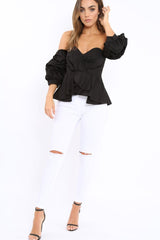 Black Sweet Heart Bardot Top with Ruched Sleeves - Kinza