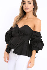 Black Sweet Heart Bardot Top with Ruched Sleeves - Kinza