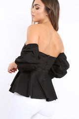 Black Sweet Heart Bardot Top with Ruched Sleeves - Kinza