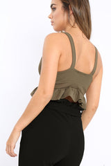 Khaki Frill Hem Crop Top - Keya