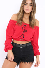 Red Ribbed Lace Up Bardot Crop Top - Sara