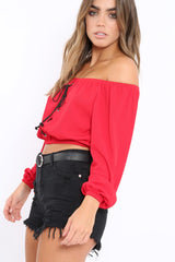 Red Ribbed Lace Up Bardot Crop Top - Sara