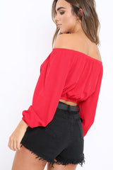 Red Ribbed Lace Up Bardot Crop Top - Sara