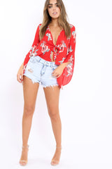 Red Floral Tie Crop Blouse - Floy