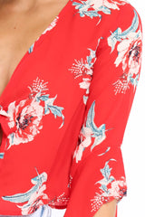 Red Floral Tie Crop Blouse - Floy