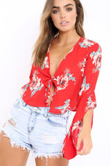 Red Floral Tie Crop Blouse - Floy