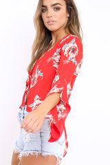 Red Floral Tie Crop Blouse - Floy