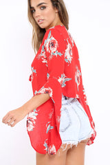 Red Floral Tie Crop Blouse - Floy