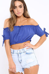 Royal Blue Ruched Bardot Gypsy Crop Top - Janette