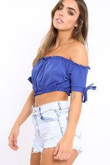 Royal Blue Ruched Bardot Gypsy Crop Top - Janette