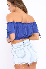 Royal Blue Ruched Bardot Gypsy Crop Top - Janette