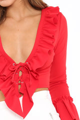 Red Tie Front Bell Sleeve Crop Top - Angelina