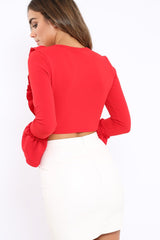 Red Tie Front Bell Sleeve Crop Top - Angelina