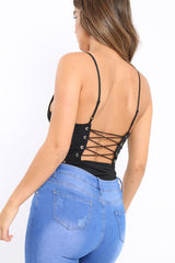 Black Lace Up Front And Side Bodysuit - Lux