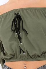 Khaki Ribbed Lace Up Bardot Crop Top - Sara