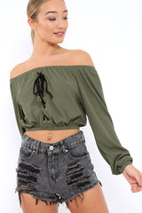Khaki Ribbed Lace Up Bardot Crop Top - Sara