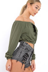 Khaki Ribbed Lace Up Bardot Crop Top - Sara