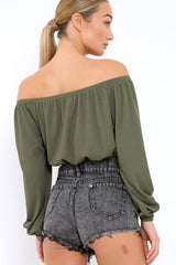 Khaki Ribbed Lace Up Bardot Crop Top - Sara