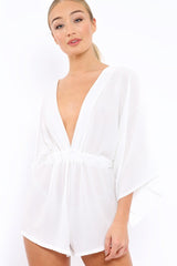 White Kimono Plunge Playsuit - Alisa