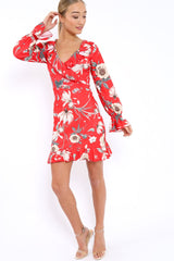 Red Floral Wrap Mini Dress with Frills - Maleigh