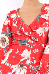 Red Floral Wrap Mini Dress with Frills - Maleigh