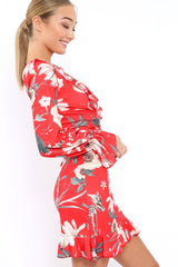 Red Floral Wrap Mini Dress with Frills - Maleigh