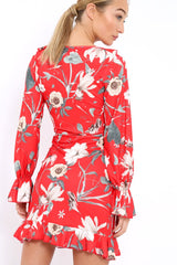 Red Floral Wrap Mini Dress with Frills - Maleigh
