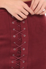 Burgundy Suedette Lace Up Skirt - Ressie