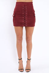 Burgundy Suedette Lace Up Skirt - Ressie