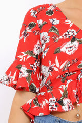Red Floral V Neck Top with Frills - Rubye