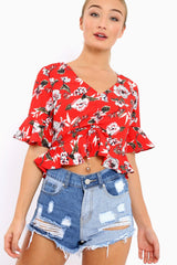 Red Floral V Neck Top with Frills - Rubye