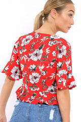 Red Floral V Neck Top with Frills - Rubye