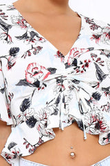 White Floral V Neck Top with Frills - Rubye