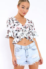 White Floral V Neck Top with Frills - Rubye