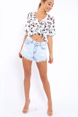 White Floral V Neck Top with Frills - Rubye