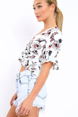 White Floral V Neck Top with Frills - Rubye