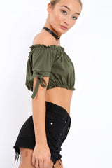 Khaki Ruched Bardot Gypsy Crop Top - Janette