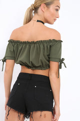 Khaki Ruched Bardot Gypsy Crop Top - Janette