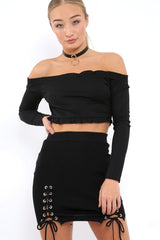 Black Soft Stretch Skirt with Lace Up Detail - Zarrah