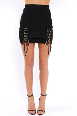 Black Soft Stretch Skirt with Lace Up Detail - Zarrah
