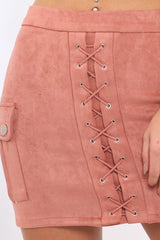 Dusty Pink Suedette Lace Up Skirt - Ressie