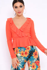 Orange Plunge Frill Wrap Tie Front Top - Rebecca