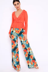 Orange Plunge Frill Wrap Tie Front Top - Rebecca