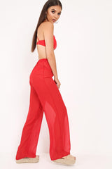 Red Shirred Wide Leg Trousers - Kamori