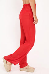 Red Shirred Wide Leg Trousers - Kamori