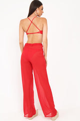 Red Shirred Wide Leg Trousers - Kamori