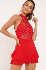 Red Sequin Caged Halterneck Bodysuit - Aanvi